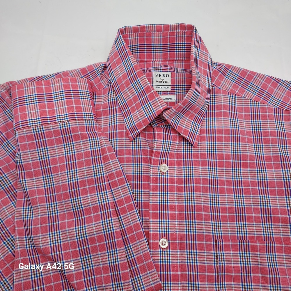 Sero by Forsyth Mens Tailored Fit‎ No Iron Cotton Plaid Dress Shirt Pink Blue M